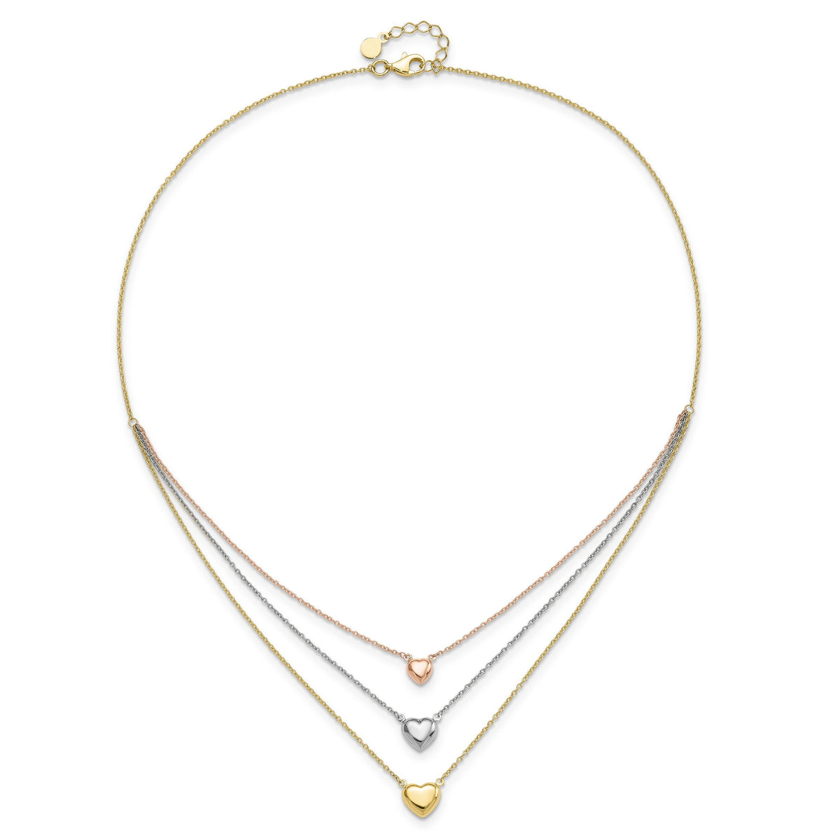14K Tri-color Three Heart w/ 1in ext. Necklace-SF2643-16