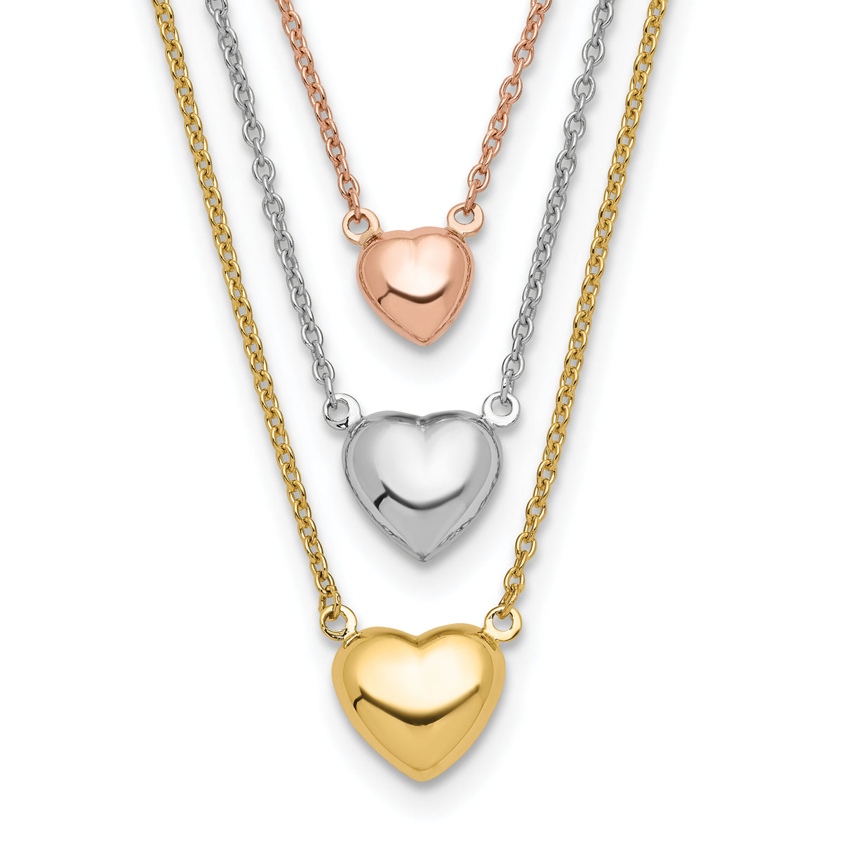 14K Tri-color Three Heart w/ 1in ext. Necklace-SF2643-16
