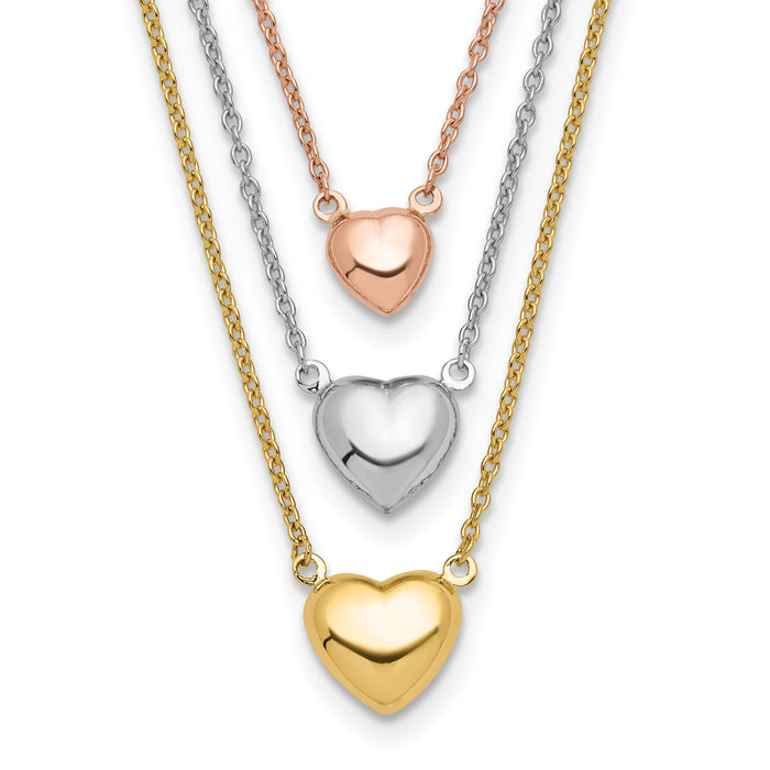 14K Tri-color Three Heart w/ 1in ext. Necklace-SF2643-16