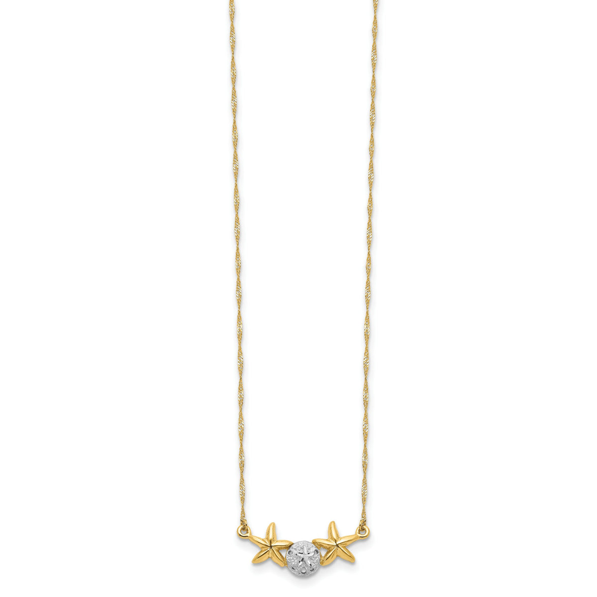 14K & White Rhodium 17" Brushed & Polished Sand Dollar Starfish Necklace-SF2669-18