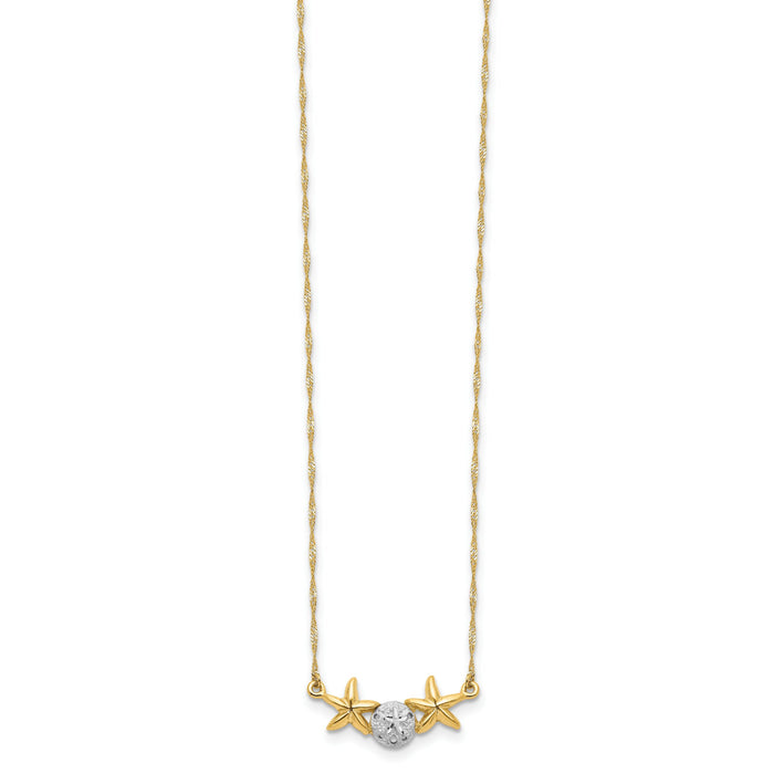 14K & White Rhodium 17" Brushed & Polished Sand Dollar Starfish Necklace-SF2669-18
