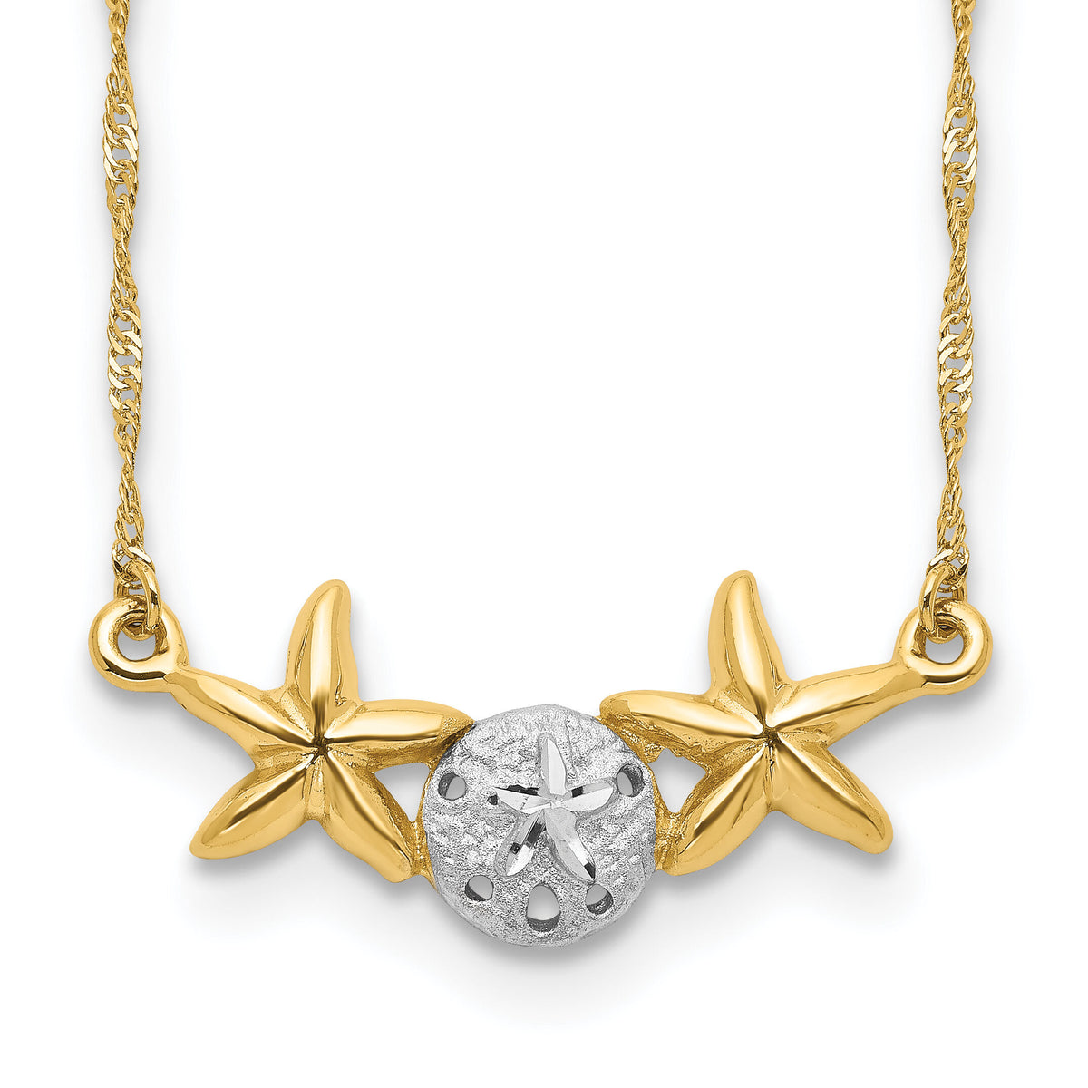 14K & White Rhodium 17" Brushed & Polished Sand Dollar Starfish Necklace-SF2669-18