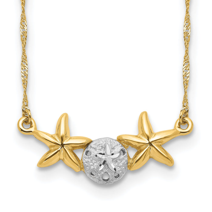 14K & White Rhodium 17" Brushed & Polished Sand Dollar Starfish Necklace-SF2669-18