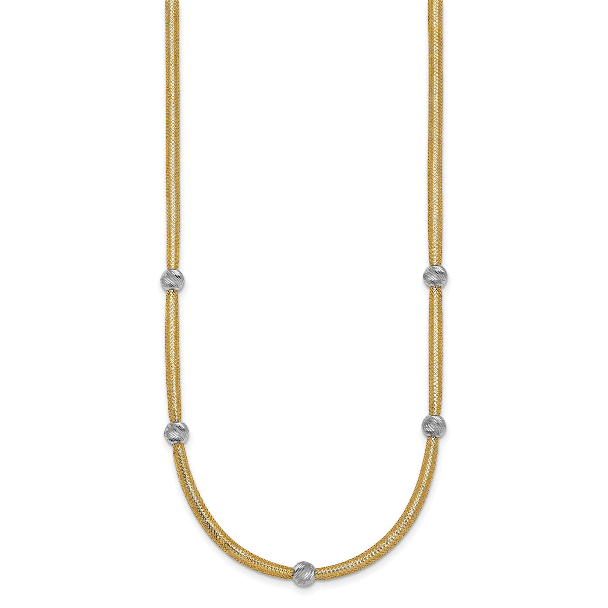 14k Polished w/Rhodium D/C Bead Flexible Mesh Necklace-SF2684-18