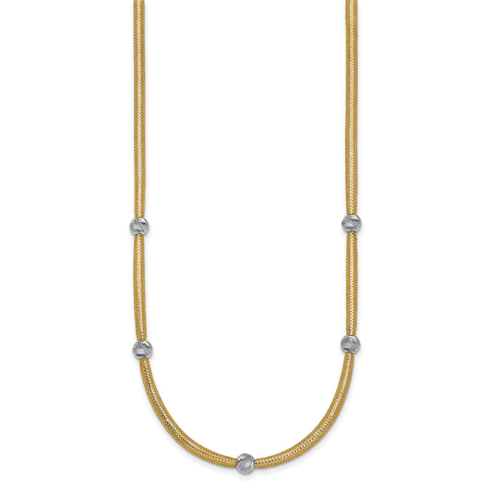 14k Polished w/Rhodium D/C Bead Flexible Mesh Necklace-SF2684-18