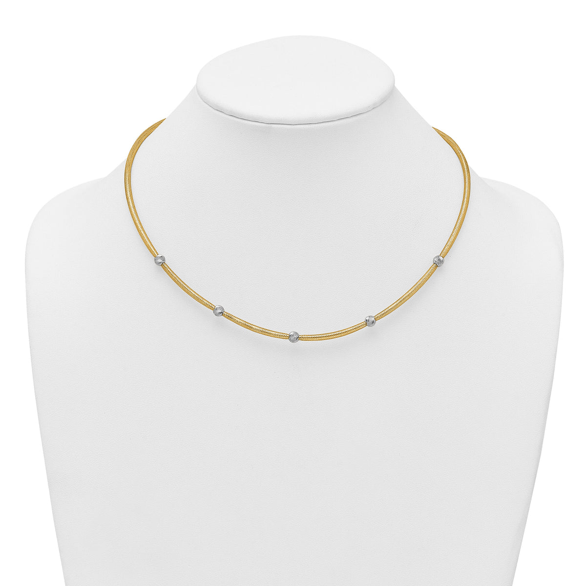 14k Polished w/Rhodium D/C Bead Flexible Mesh Necklace-SF2684-18