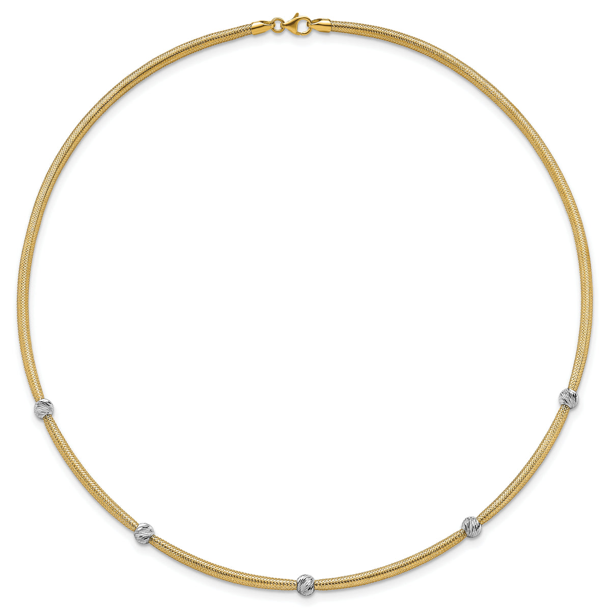 14k Polished w/Rhodium D/C Bead Flexible Mesh Necklace-SF2684-18