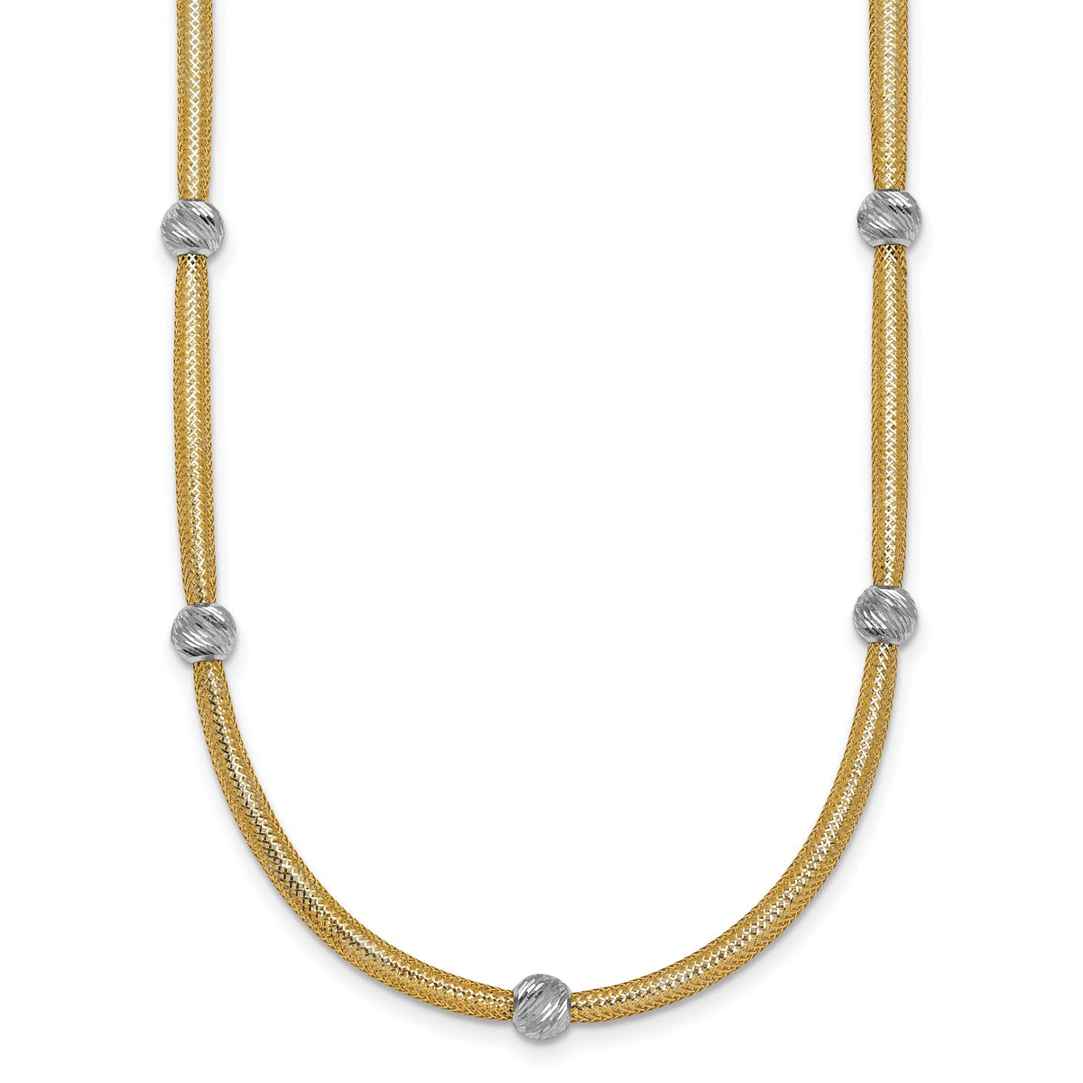 14k Polished w/Rhodium D/C Bead Flexible Mesh Necklace-SF2684-18