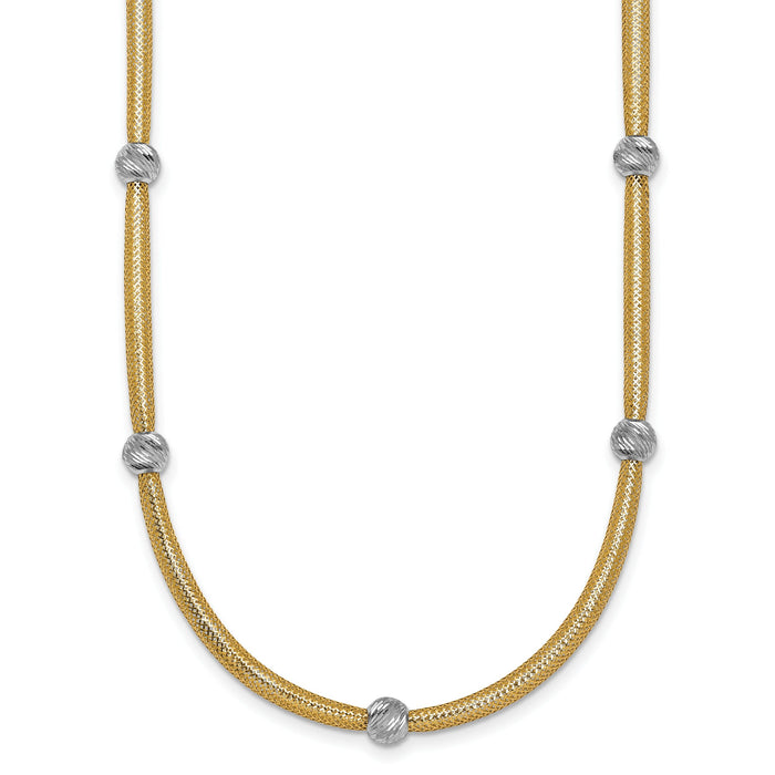 14k Polished w/Rhodium D/C Bead Flexible Mesh Necklace-SF2684-18
