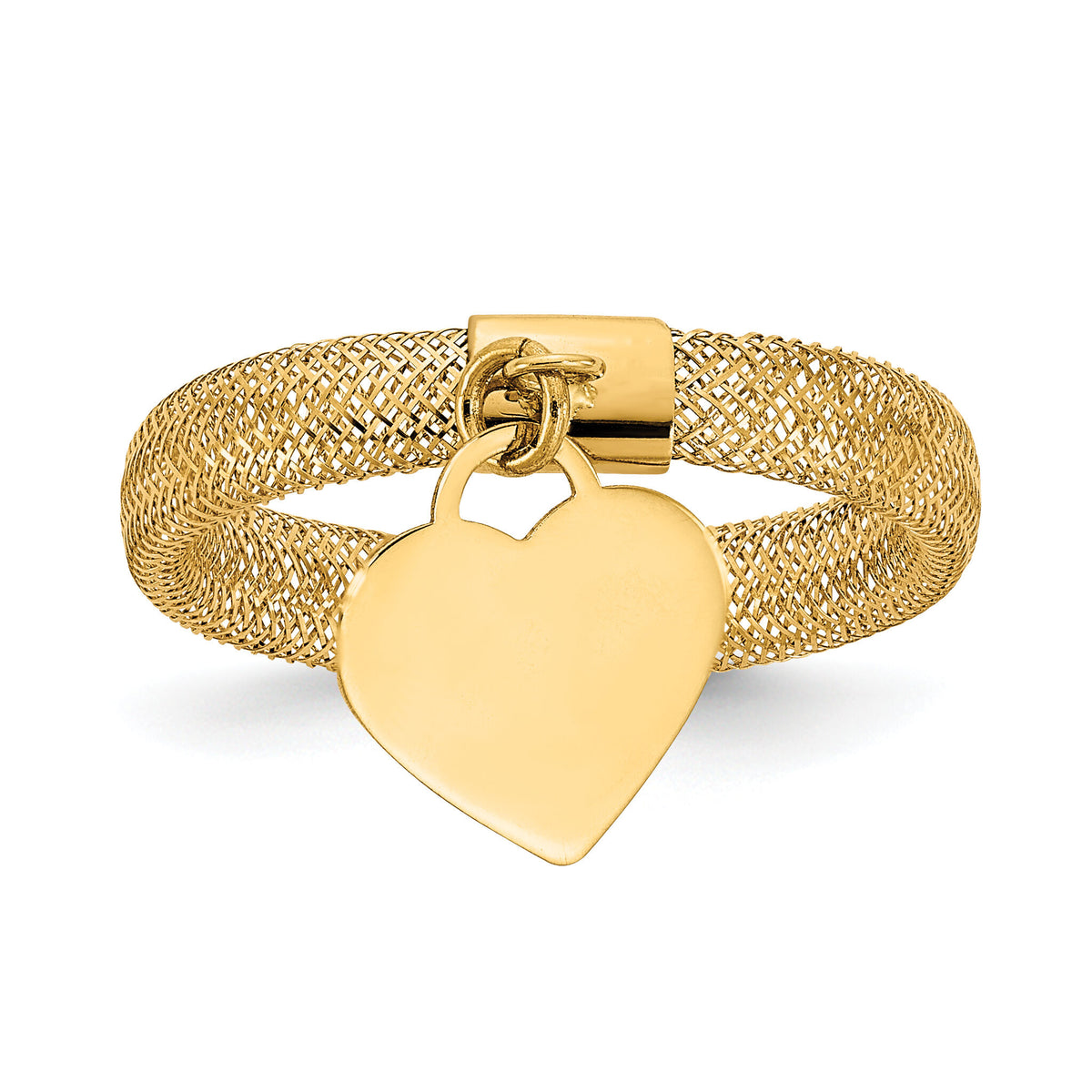 14K Gold Woven Mesh Stretch Polished Heart Charm Ring-SF2819