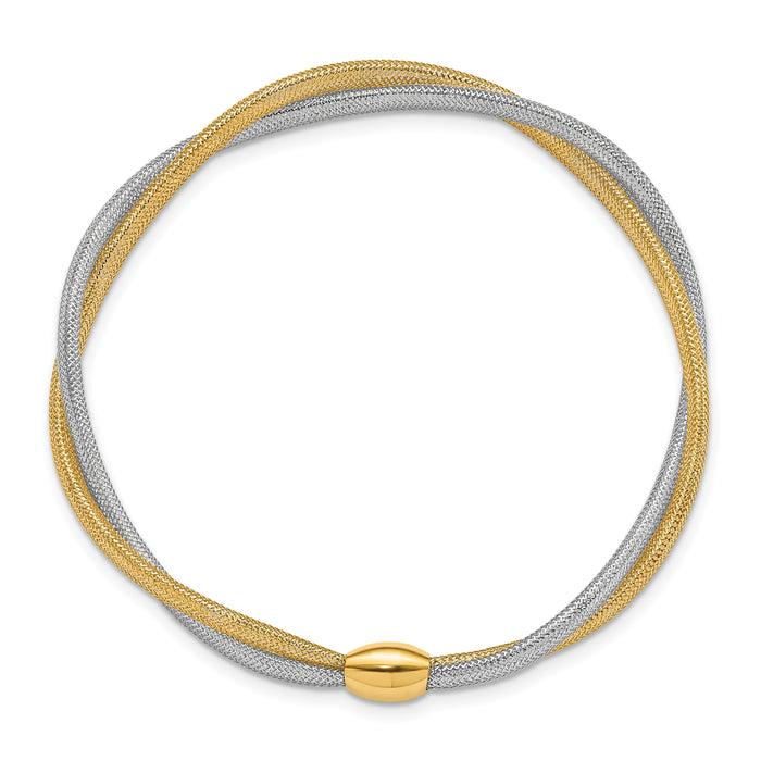 14K with Rhodium Twisted Woven Mesh Stretch Bracelet-SF2827