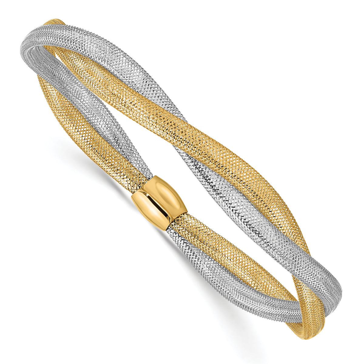 14K with Rhodium Twisted Woven Mesh Stretch Bracelet-SF2827