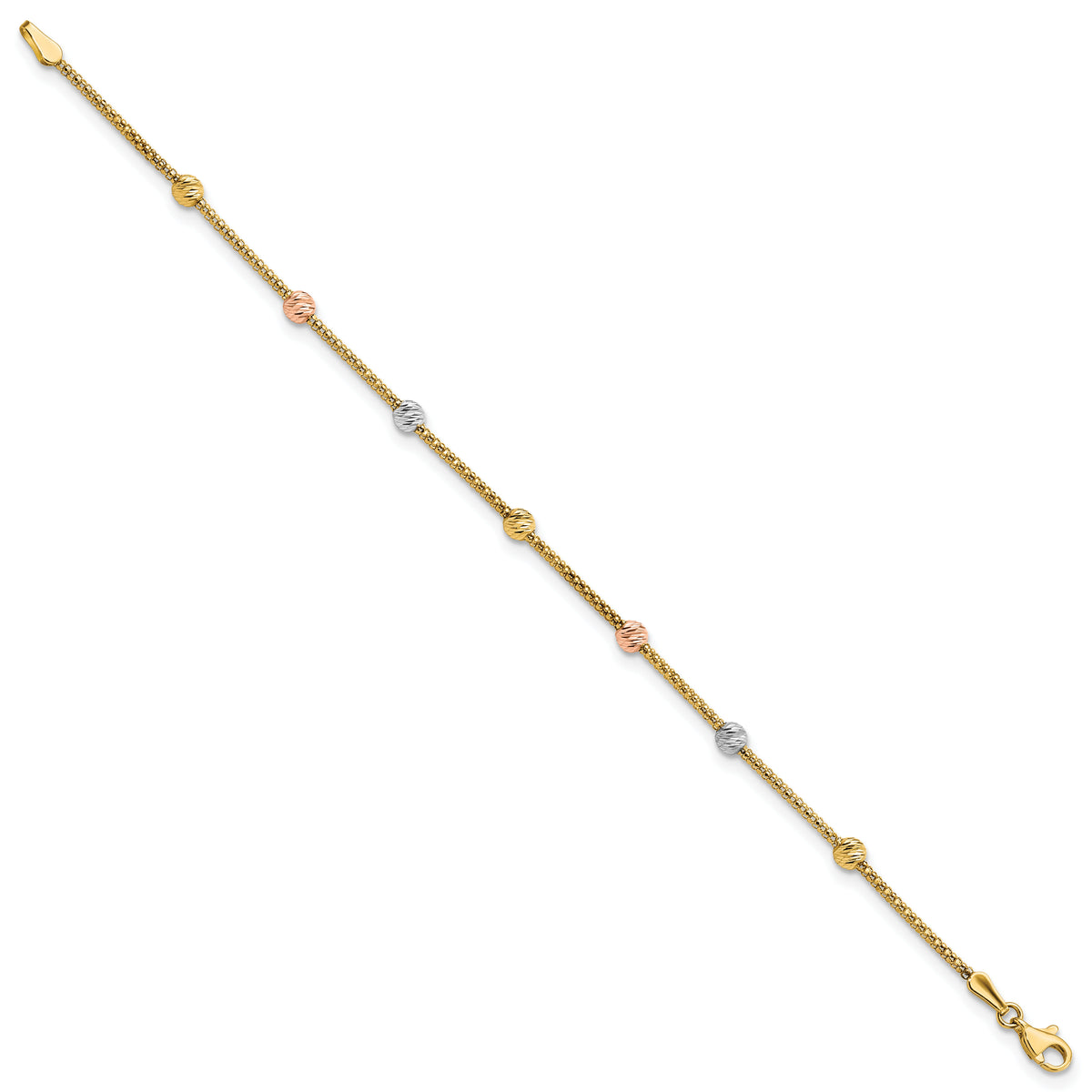 14k Tri-color Diamond-cut 7-Station Bead and Chain Bracelet-SF2860-7.25