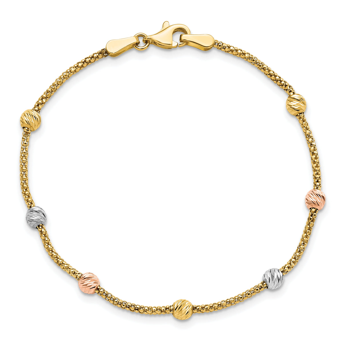 14k Tri-color Diamond-cut 7-Station Bead and Chain Bracelet-SF2860-7.25