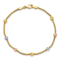 14k Tri-color Diamond-cut 7-Station Bead and Chain Bracelet-SF2860-7.25