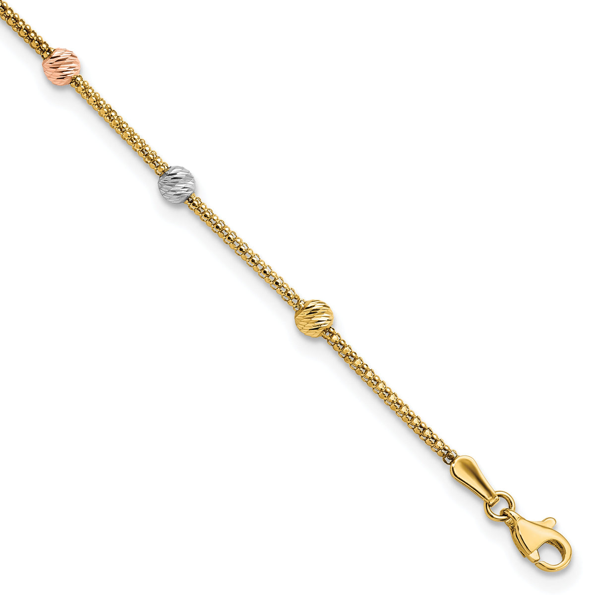 14k Tri-color Diamond-cut 7-Station Bead and Chain Bracelet-SF2860-7.25