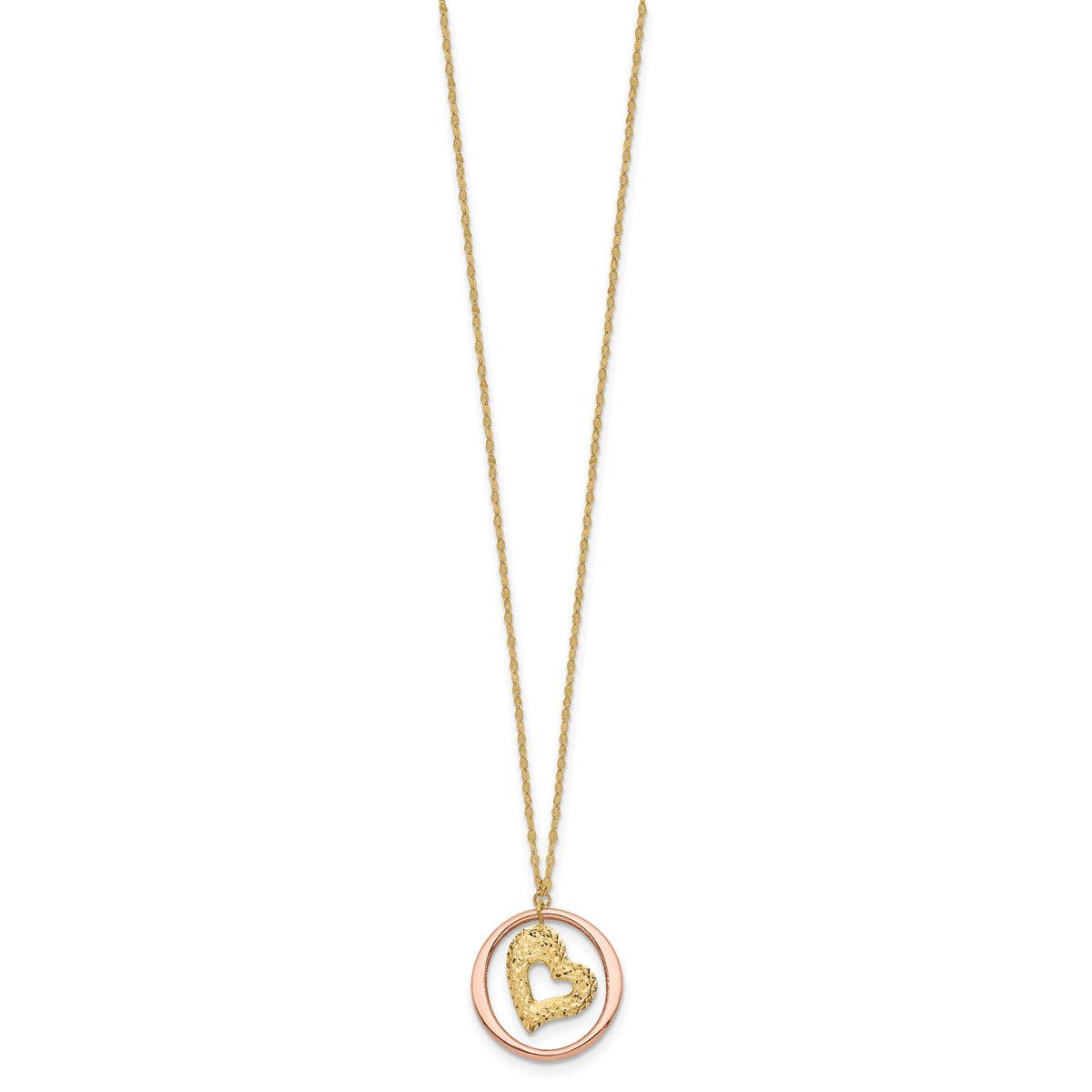 14K Two Tone Fancy Link D/C Heart in Open Circle Necklace-SF2867-18