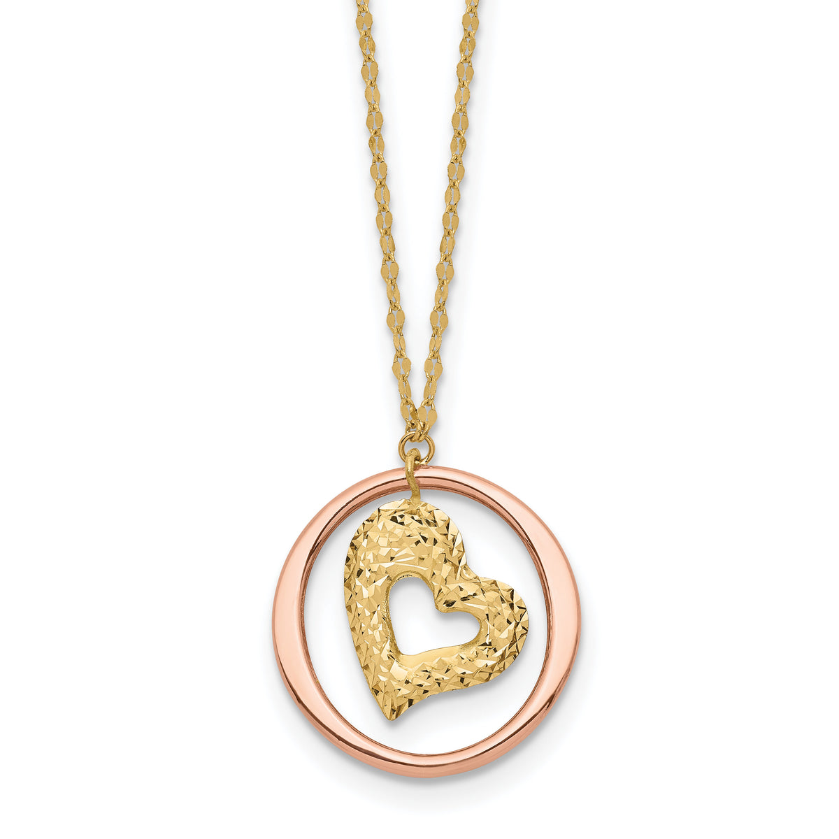 14K Two Tone Fancy Link D/C Heart in Open Circle Necklace-SF2867-18