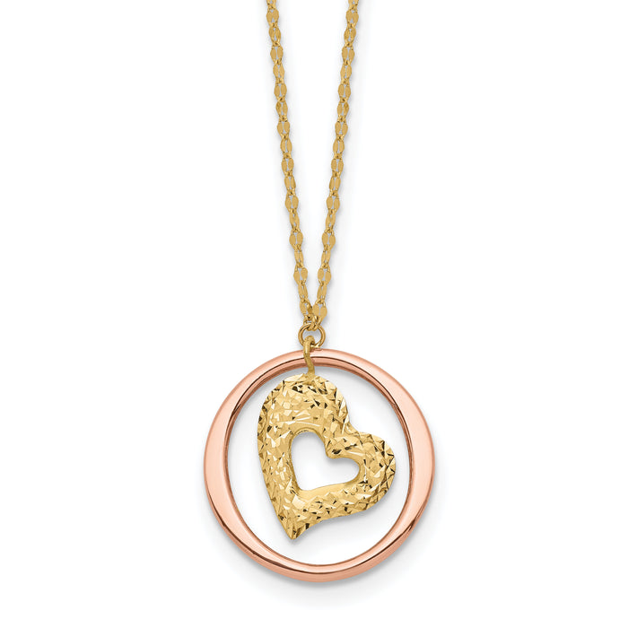 14K Two Tone Fancy Link D/C Heart in Open Circle Necklace-SF2867-18
