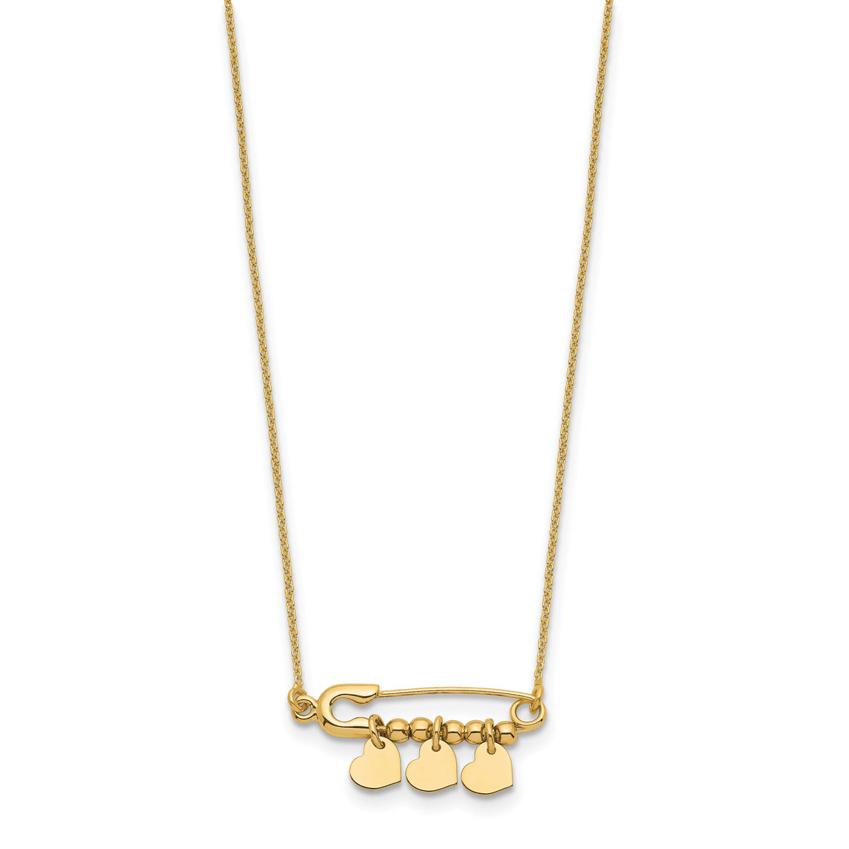 14K Safety Pin with Dangle Hearts Necklace-SF2879-17