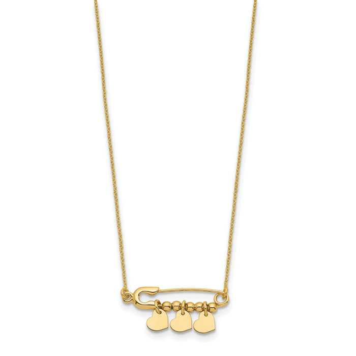 14K Safety Pin with Dangle Hearts Necklace-SF2879-17