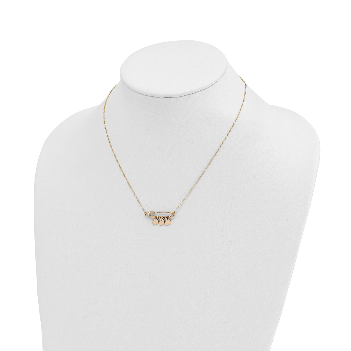 14K Safety Pin with Dangle Hearts Necklace-SF2879-17