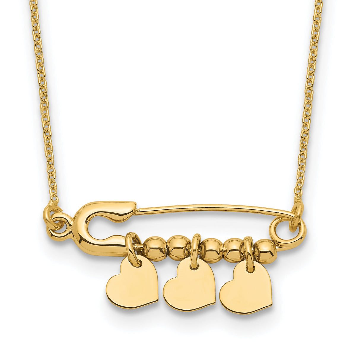 14K Safety Pin with Dangle Hearts Necklace-SF2879-17