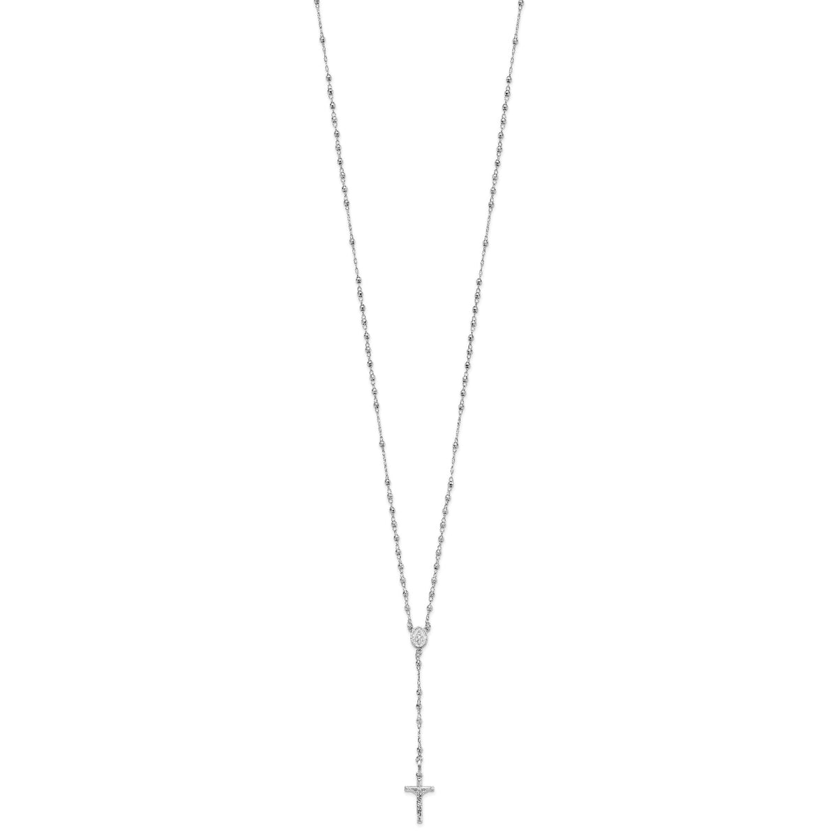 14K White Gold Polished Faceted Beads Rosary 18 inch Necklace-SF2958W-18