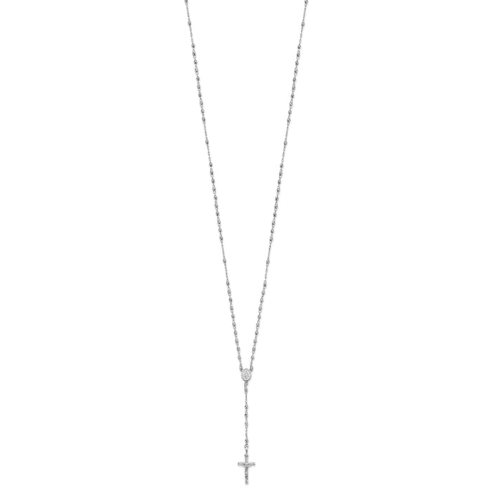 14K White Gold Polished Faceted Beads Rosary 18 inch Necklace-SF2958W-18