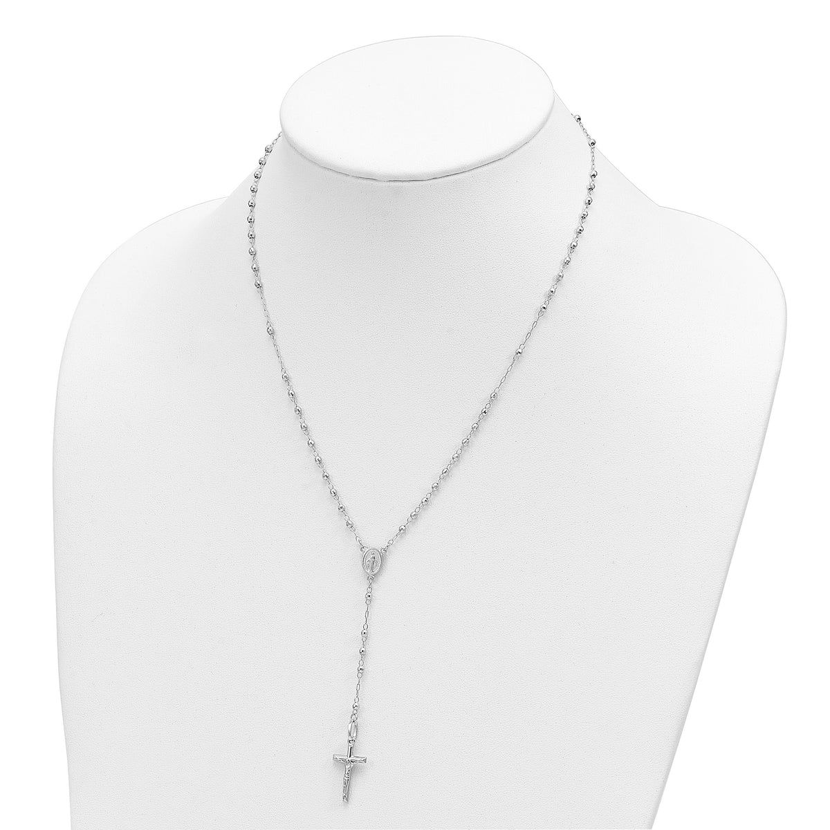 14K White Gold Polished Faceted Beads Rosary 18 inch Necklace-SF2958W-18