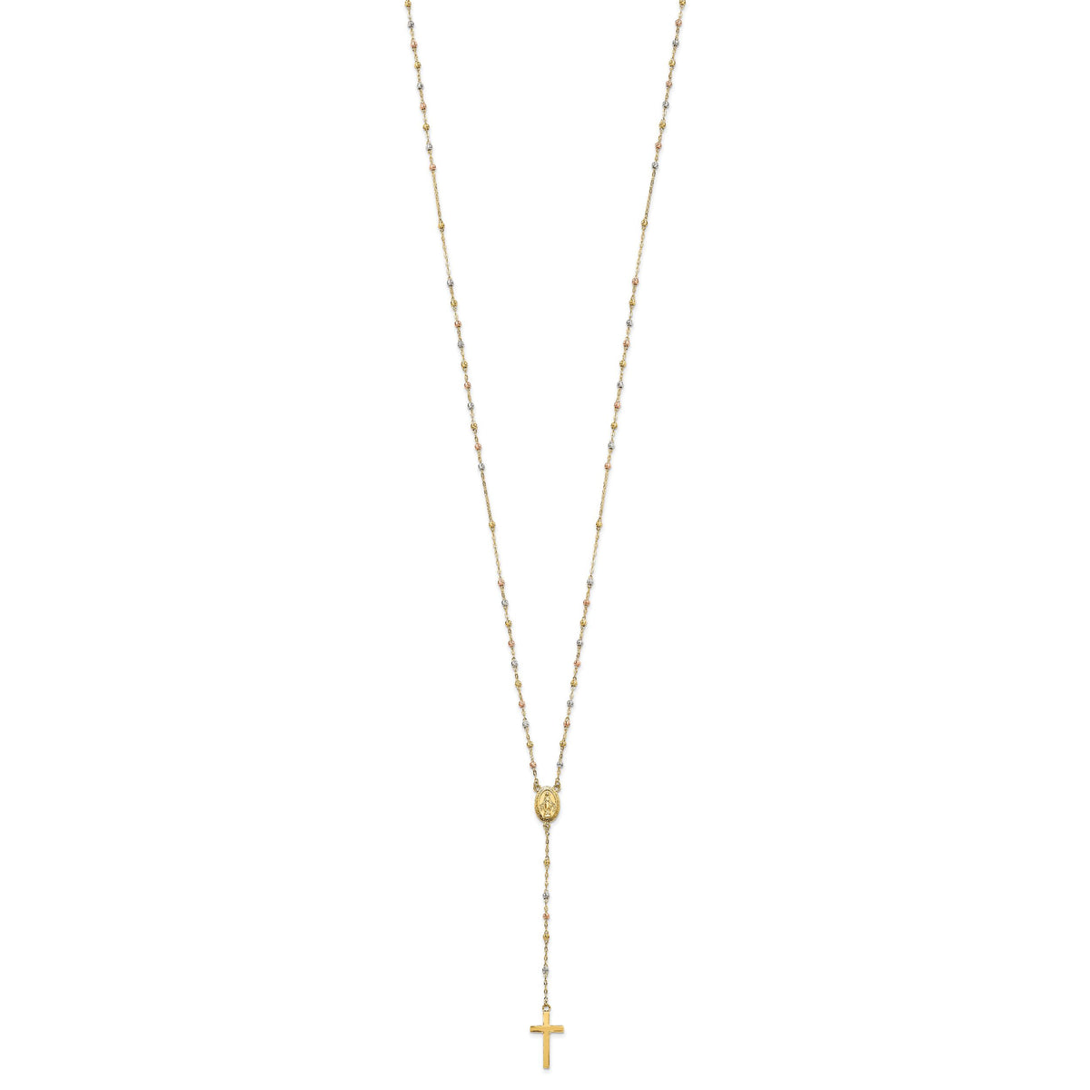14k Tri-color Bead Rosary 17in w/3 in ext Necklace-SF2960-17