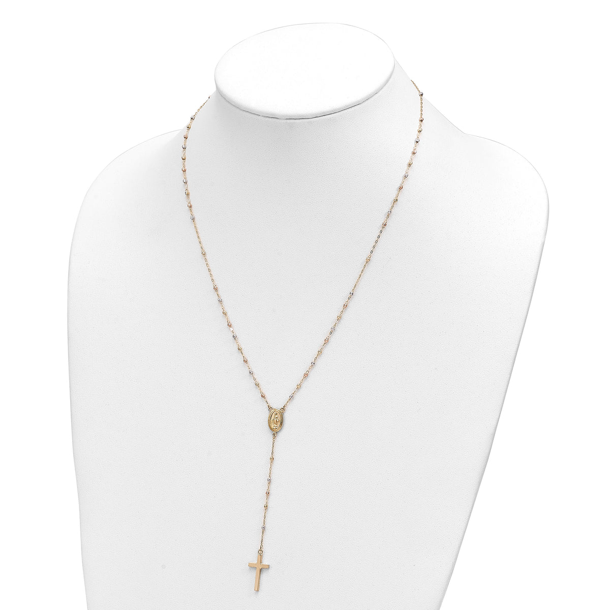 14k Tri-color Bead Rosary 17in w/3 in ext Necklace-SF2960-17
