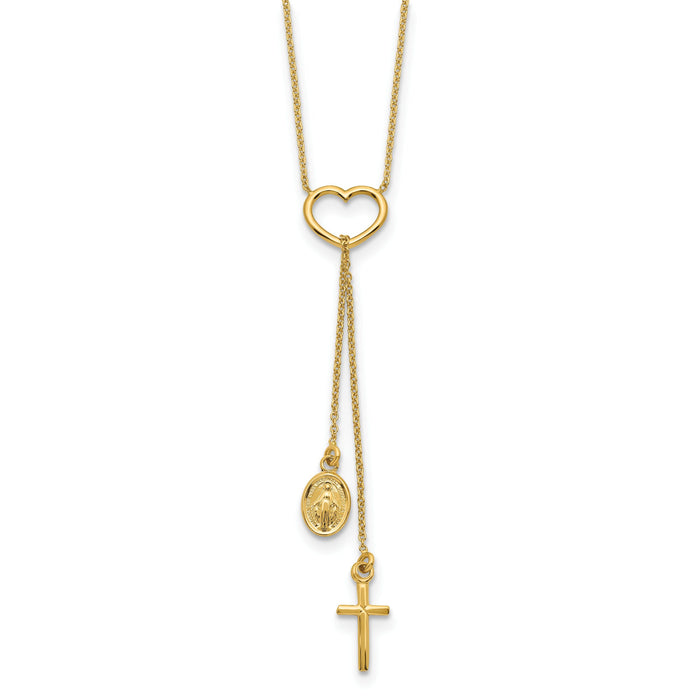 14K Polished Heart with Dangle Cross and Religious Medal Necklace-SF2963-17