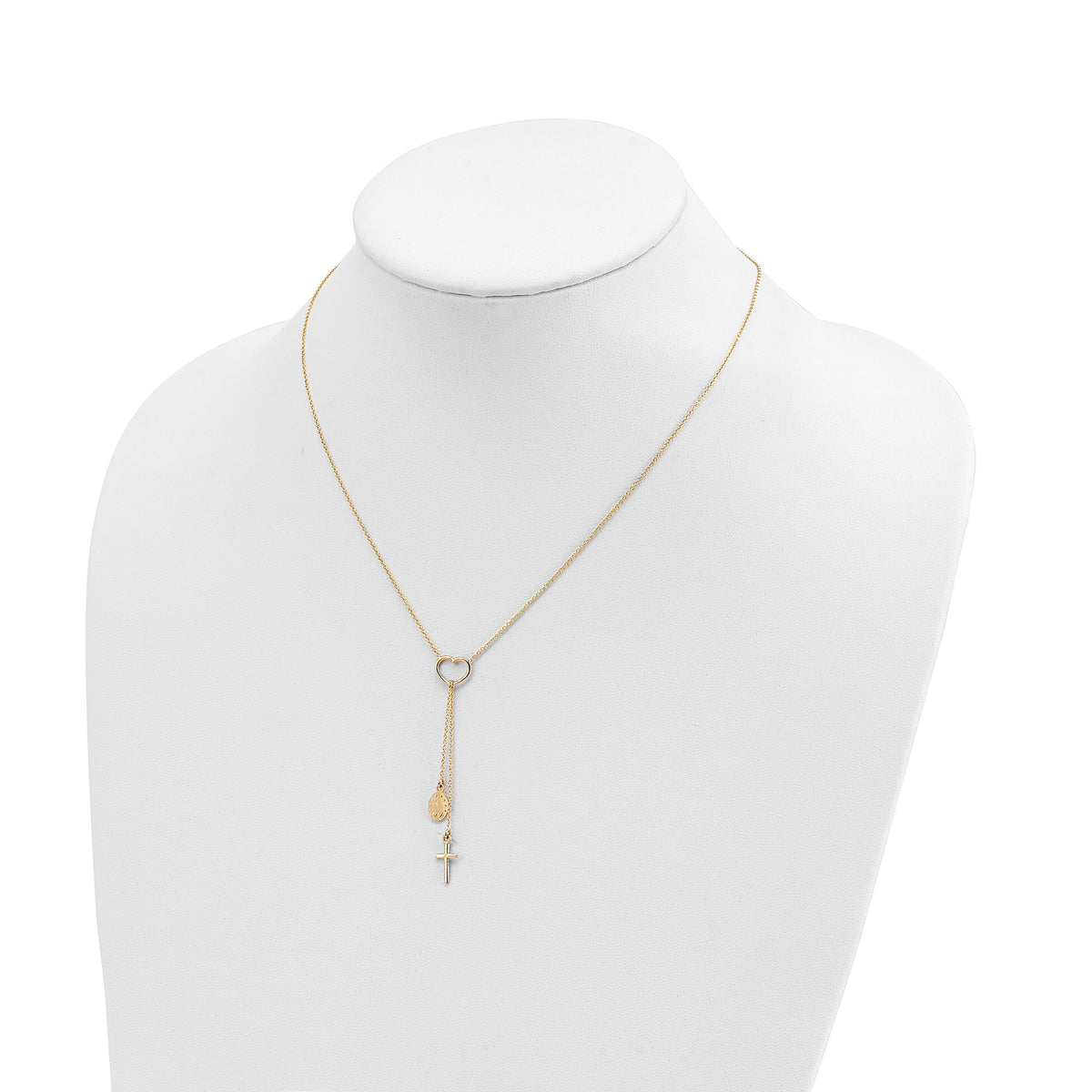 14K Polished Heart with Dangle Cross and Religious Medal Necklace-SF2963-17