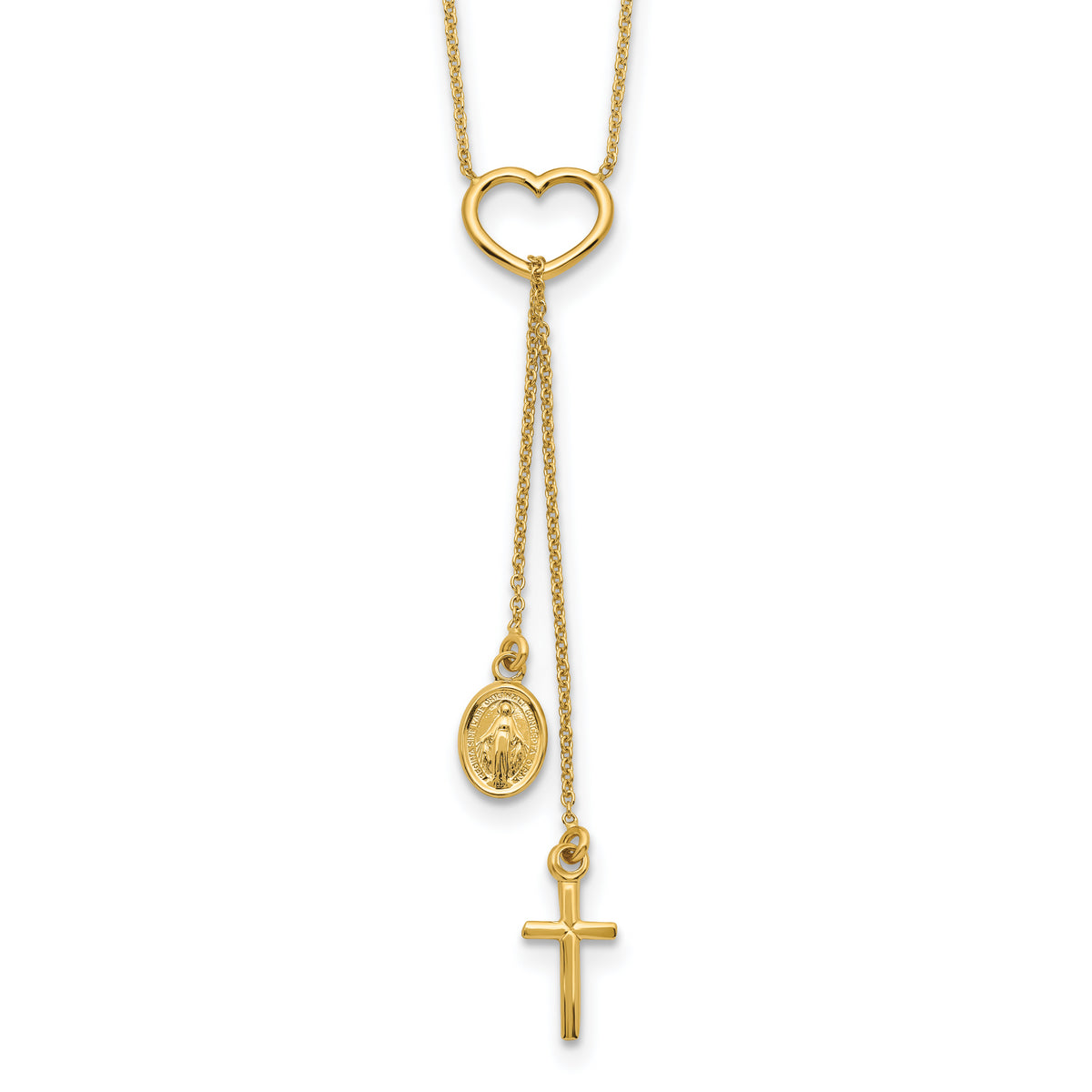 14K Polished Heart with Dangle Cross and Religious Medal Necklace-SF2963-17