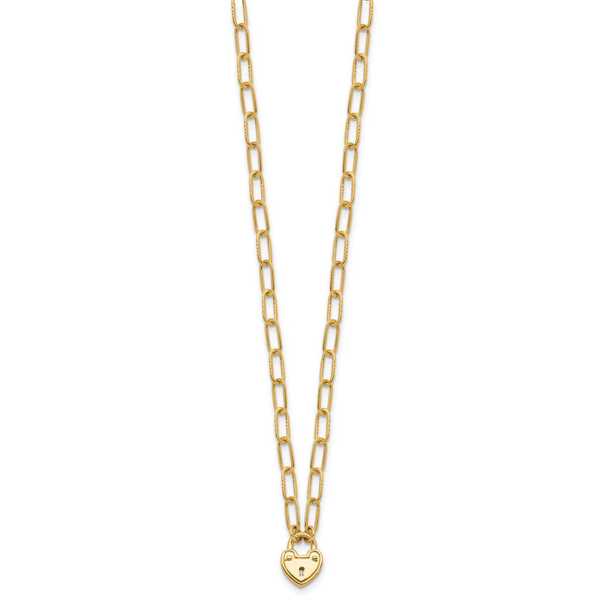 14K Polished Heart Lock Charm Paperclip Link Necklace-SF3038-17.25
