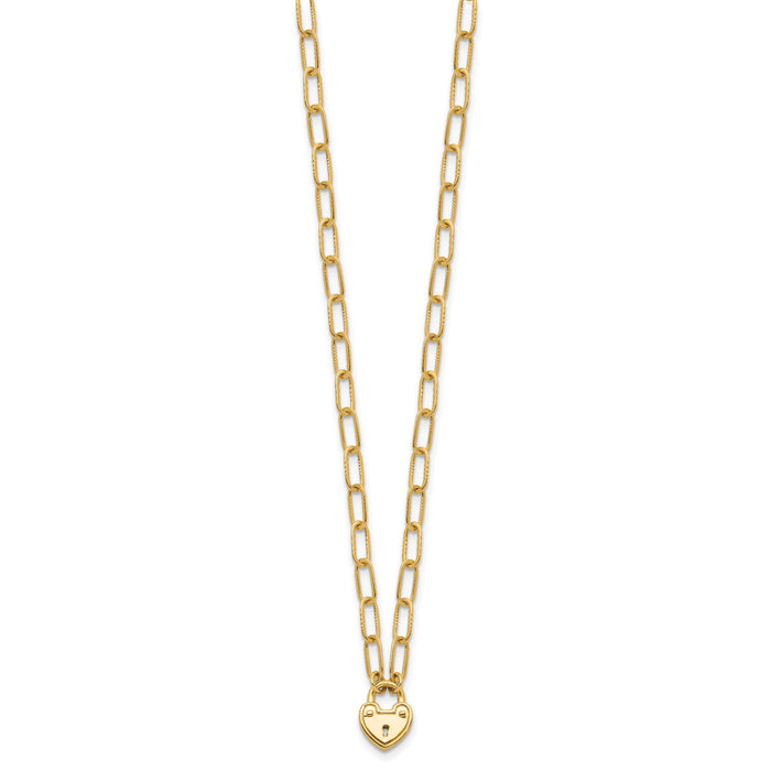 14K Polished Heart Lock Charm Paperclip Link Necklace-SF3038-17.25