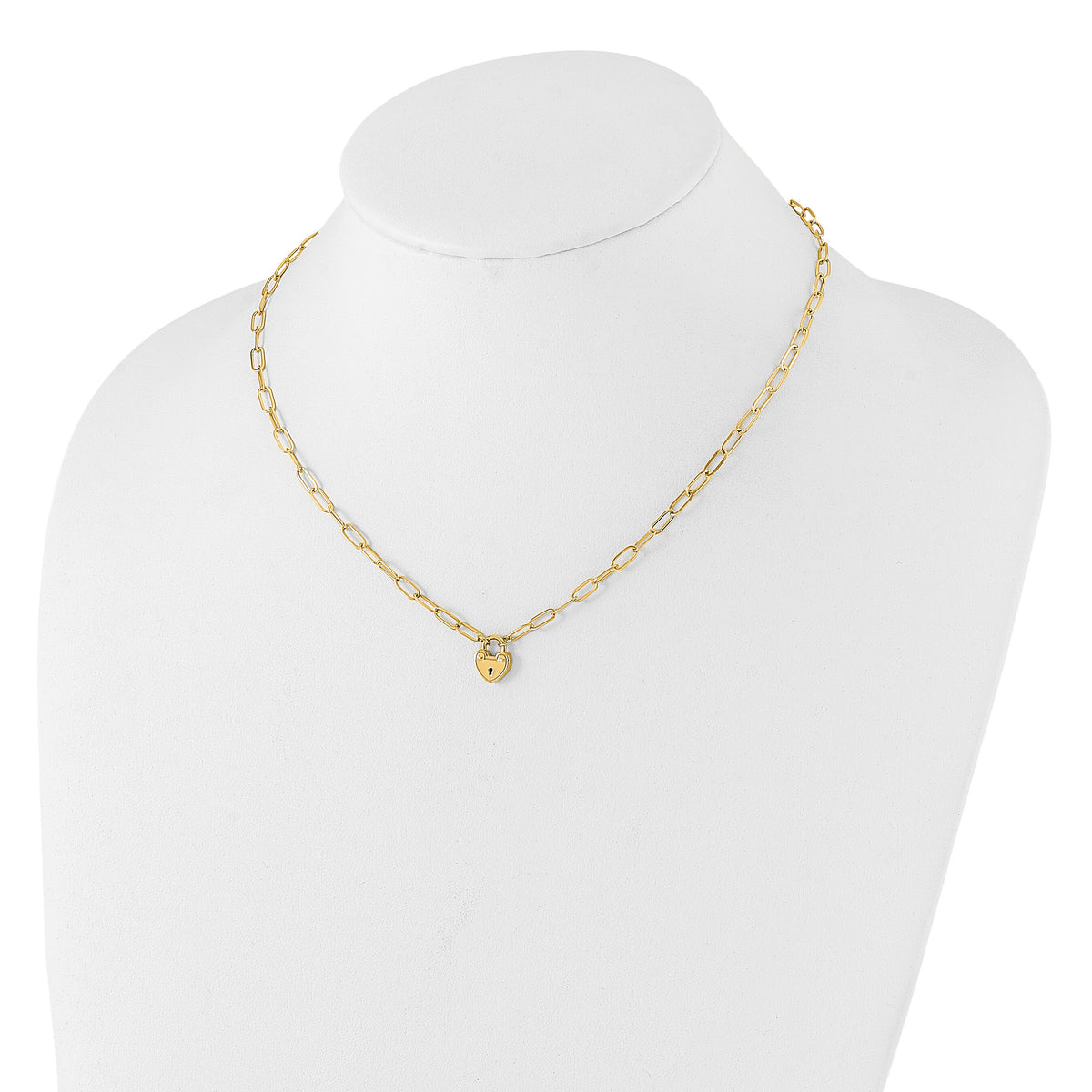 14K Polished Heart Lock Charm Paperclip Link Necklace-SF3038-17.25