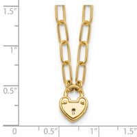 14K Polished Heart Lock Charm Paperclip Link Necklace-SF3038-17.25