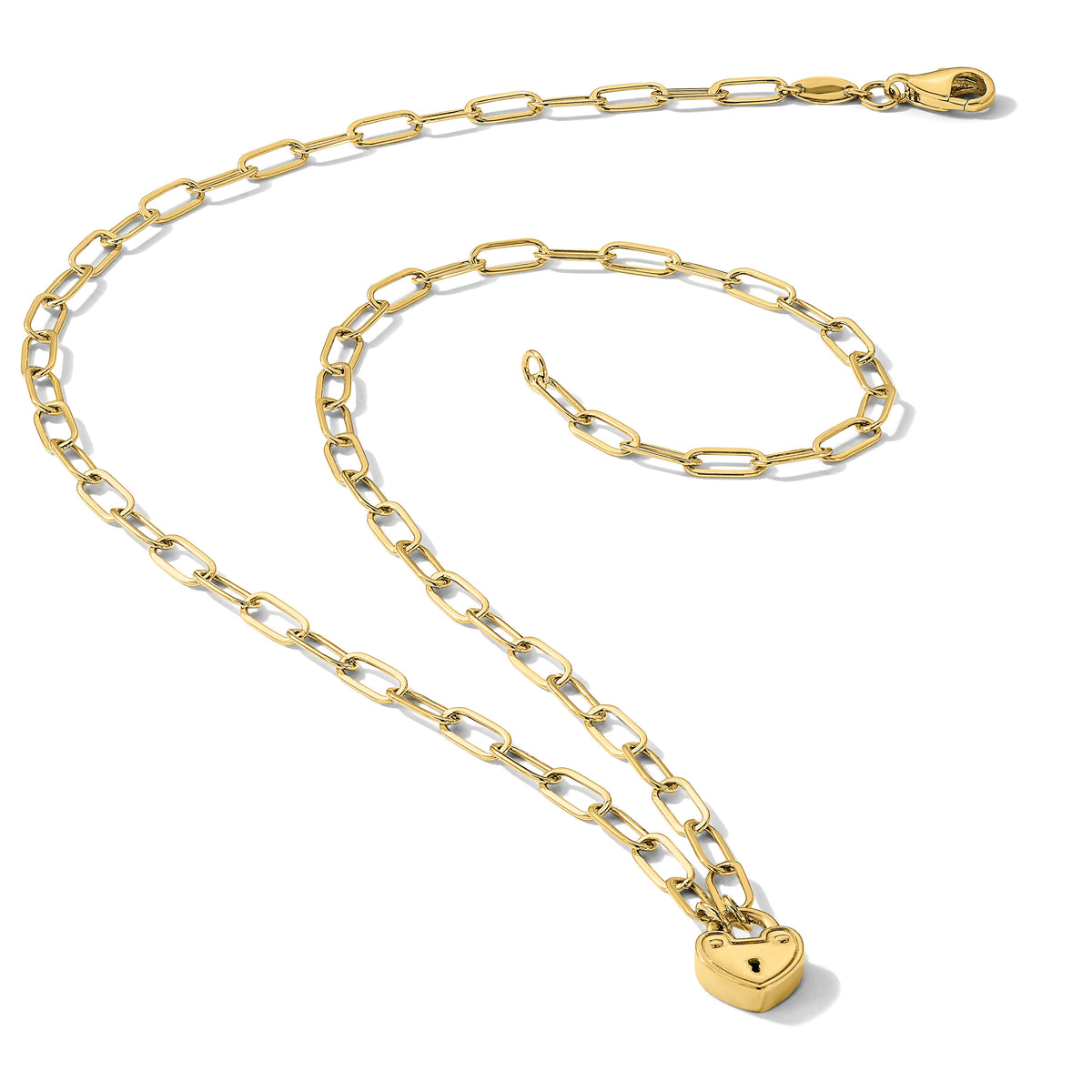 14K Polished Heart Lock Charm Paperclip Link Necklace-SF3038-17.25