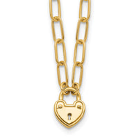 14K Polished Heart Lock Charm Paperclip Link Necklace-SF3038-17.25