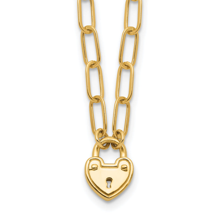 14K Polished Heart Lock Charm Paperclip Link Necklace-SF3038-17.25