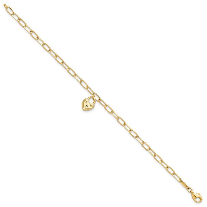 14K Polished Heart Lock Charm Paperclip Link Bracelet-SF3038-7.5