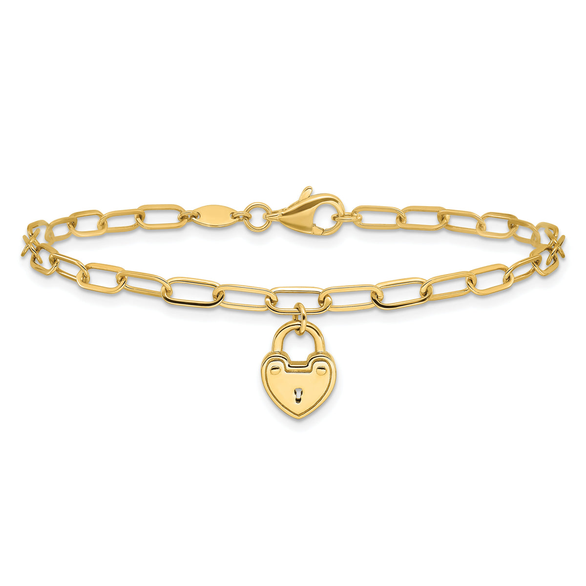 14K Polished Heart Lock Charm Paperclip Link Bracelet-SF3038-7.5