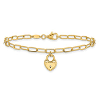 14K Polished Heart Lock Charm Paperclip Link Bracelet-SF3038-7.5
