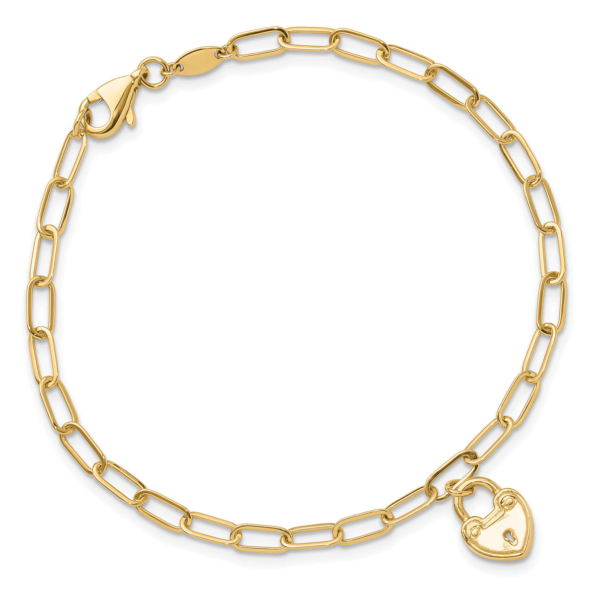 14K Polished Heart Lock Charm Paperclip Link Bracelet-SF3038-7.5