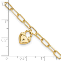 14K Polished Heart Lock Charm Paperclip Link Bracelet-SF3038-7.5