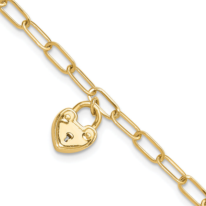 14K Polished Heart Lock Charm Paperclip Link Bracelet-SF3038-7.5