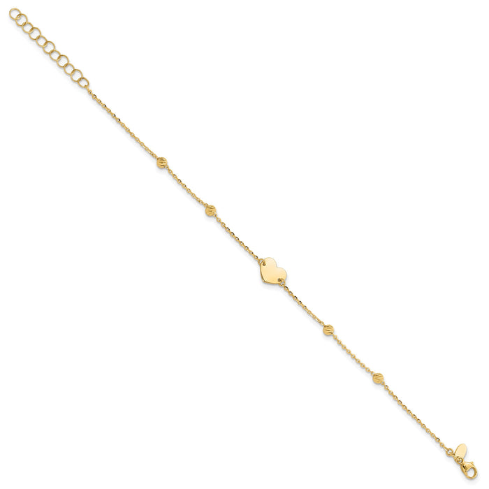 14K Polished and Diamond-cut Heart and Beads Plus 1in ext. Bracelet-SF3039-6.5