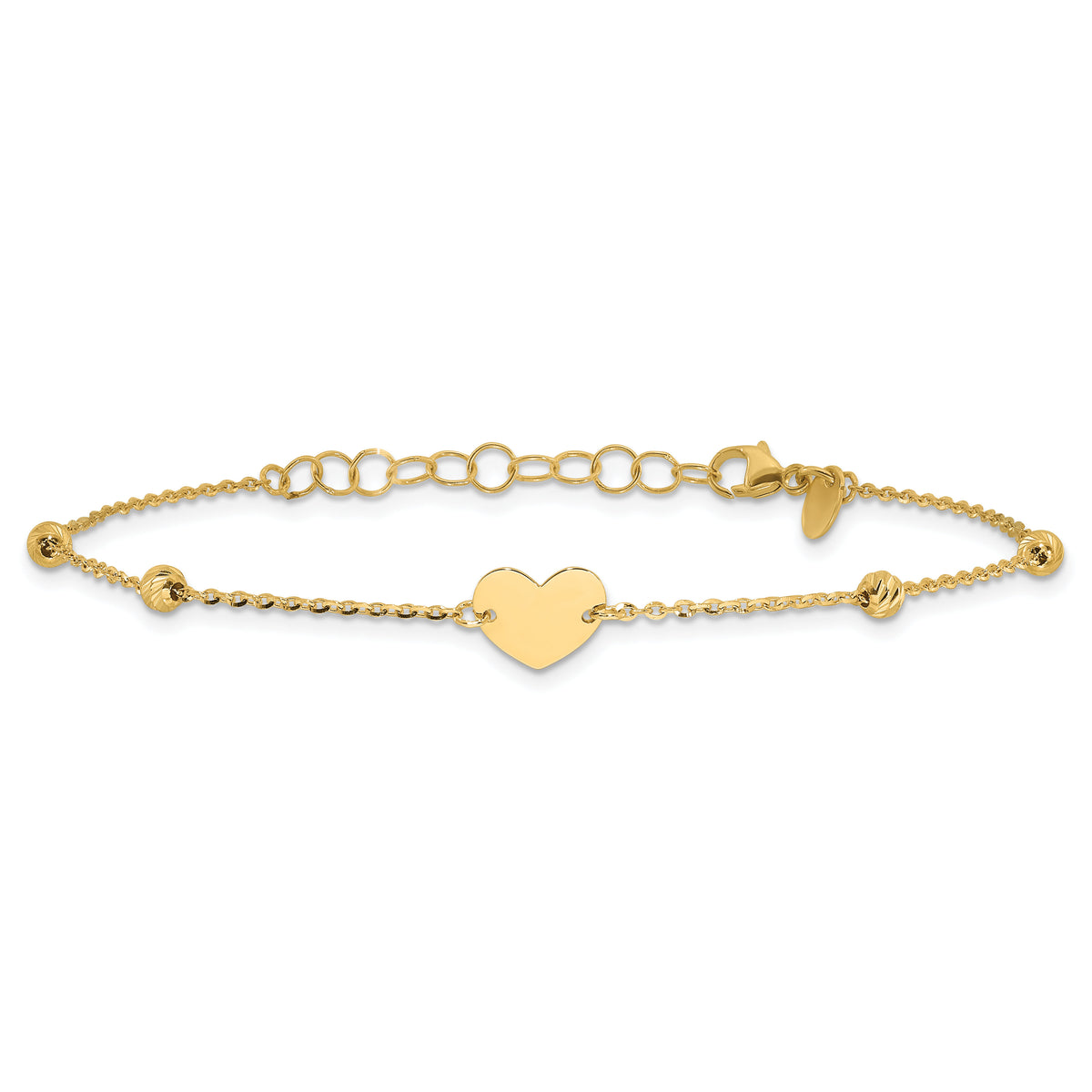 14K Polished and Diamond-cut Heart and Beads Plus 1in ext. Bracelet-SF3039-6.5